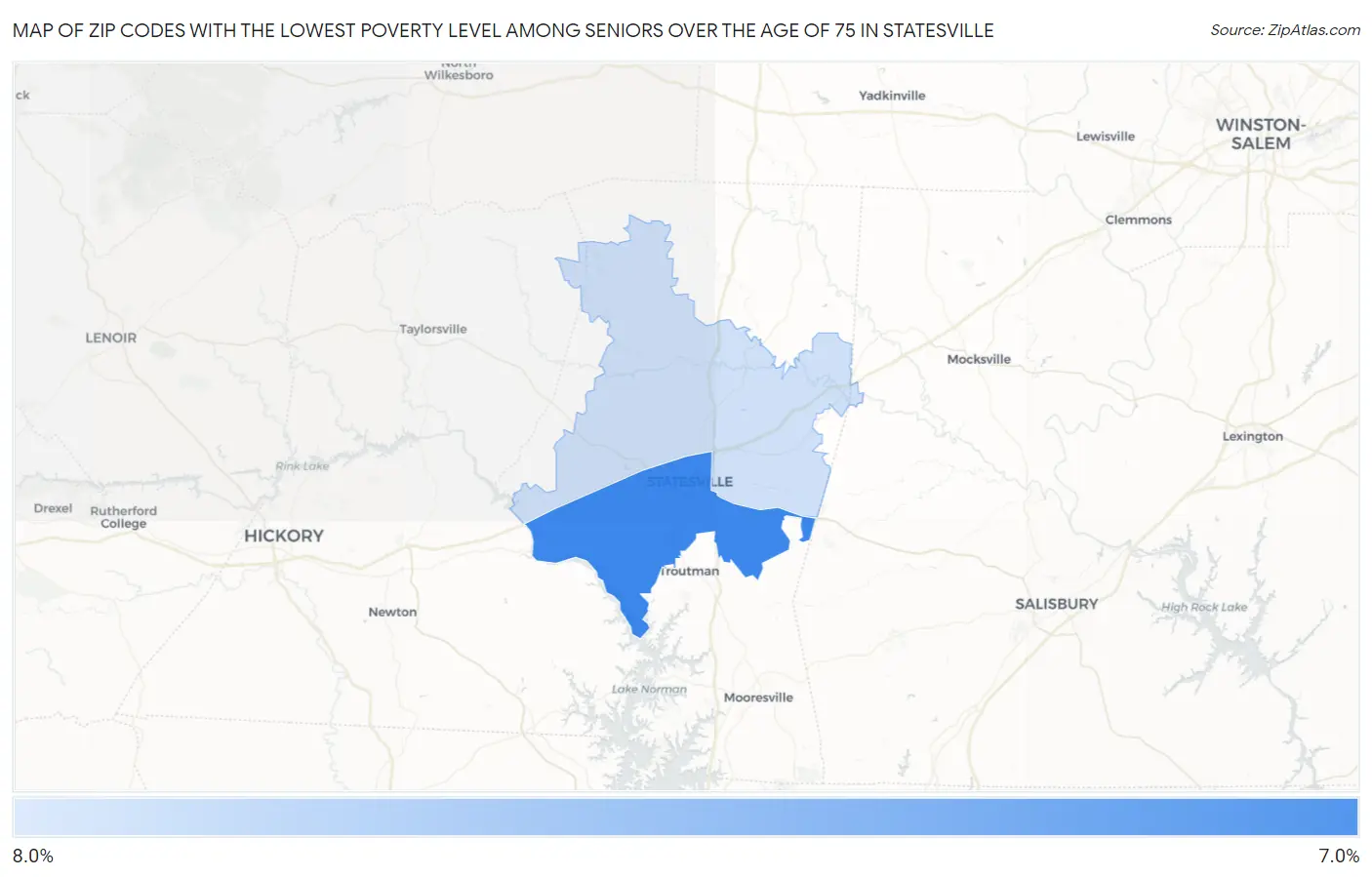 Zip Codes with the Lowest Poverty Level Among Seniors Over the Age of 75 in Statesville Map