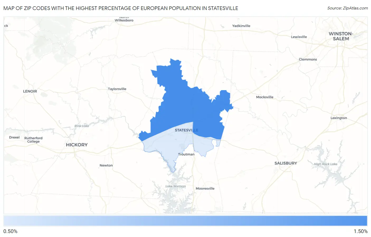 Zip Codes with the Highest Percentage of European Population in Statesville Map