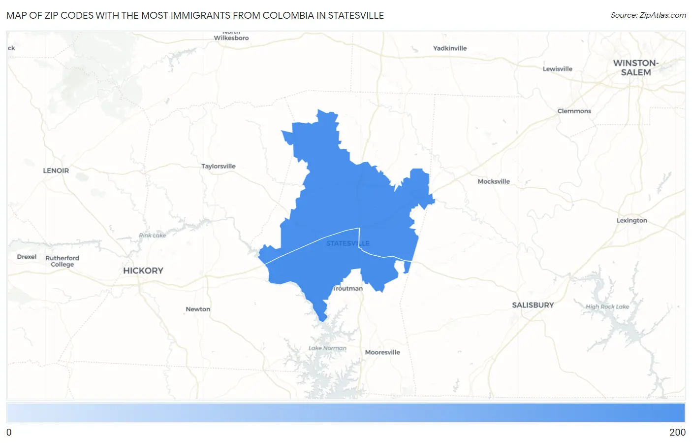 Zip Codes with the Most Immigrants from Colombia in Statesville Map