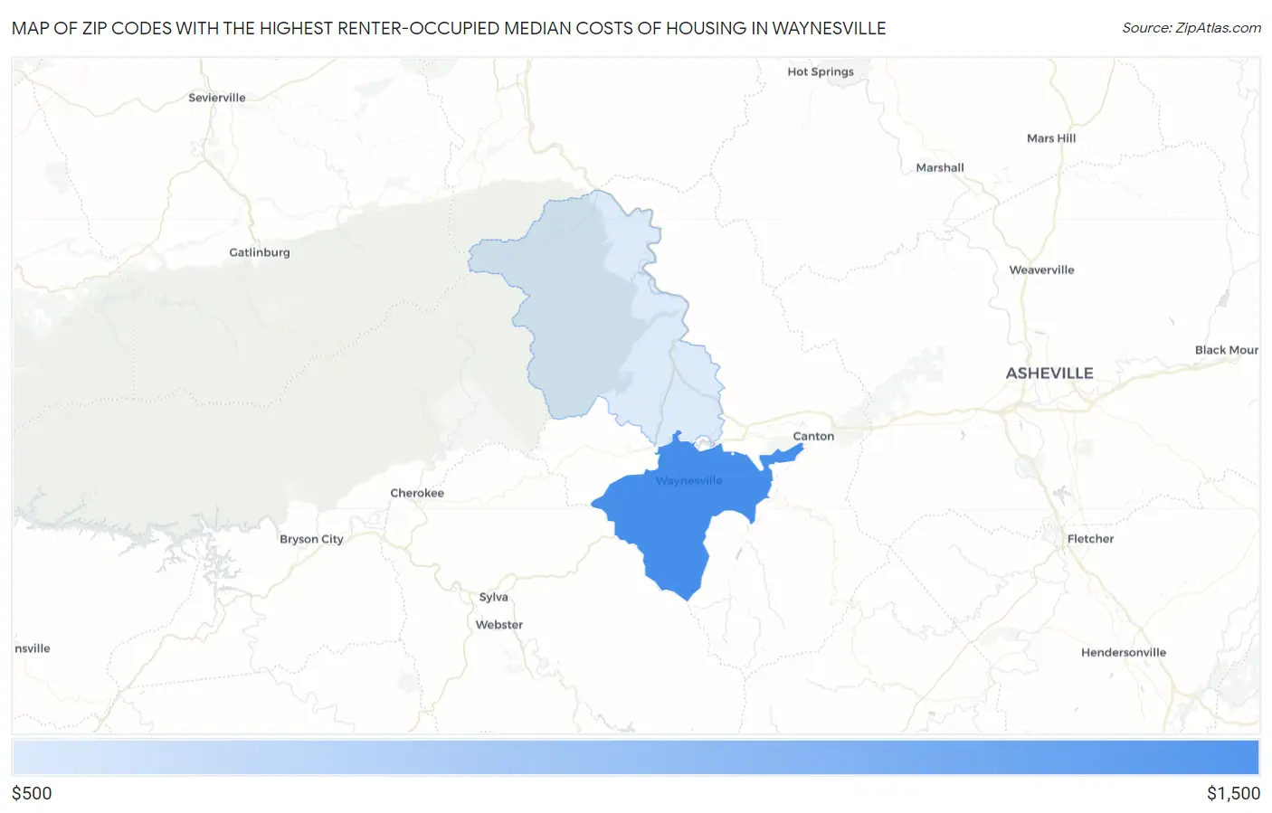 Zip Codes with the Highest Renter-Occupied Median Costs of Housing in Waynesville Map