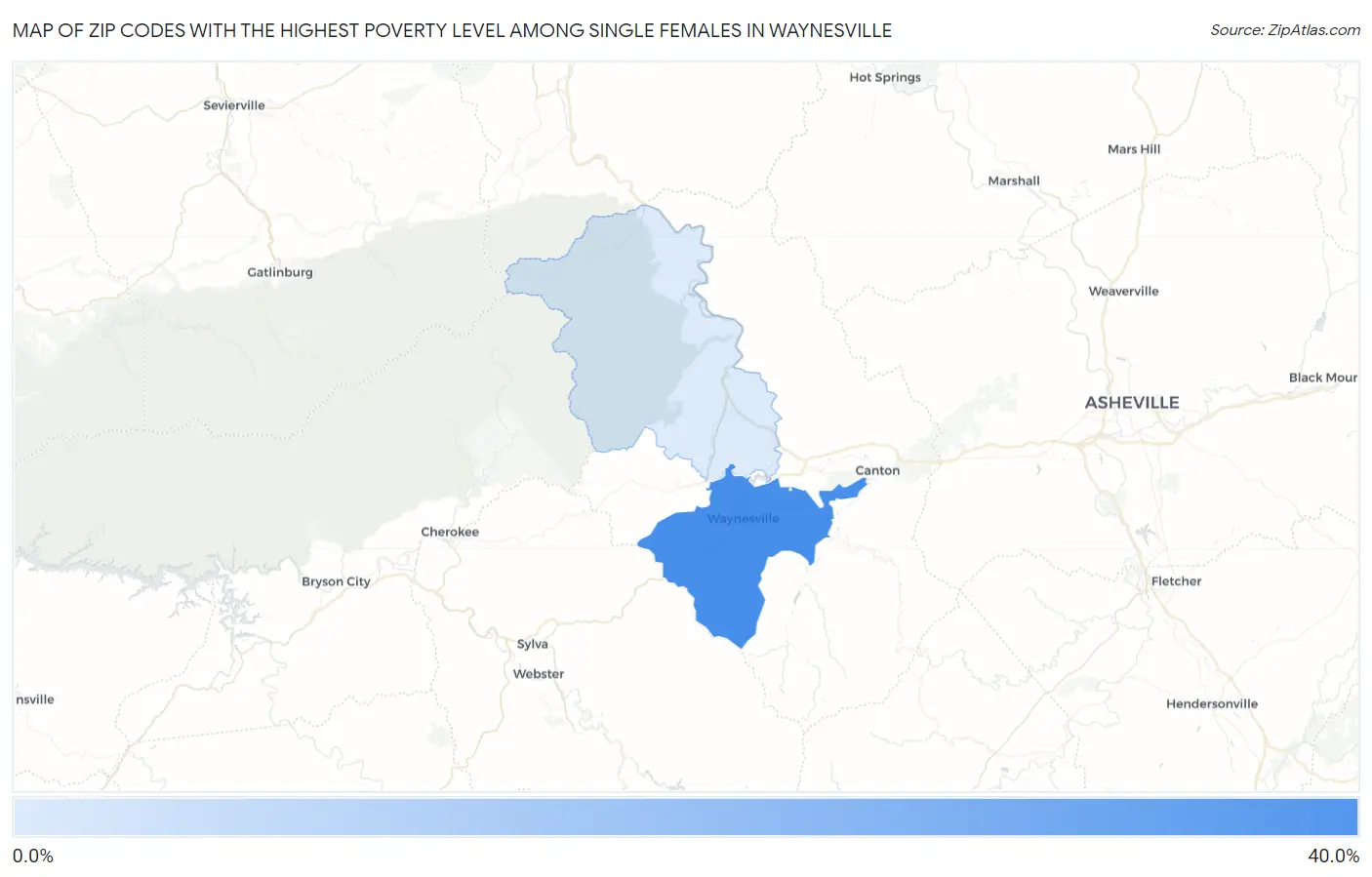 Zip Codes with the Highest Poverty Level Among Single Females in Waynesville Map