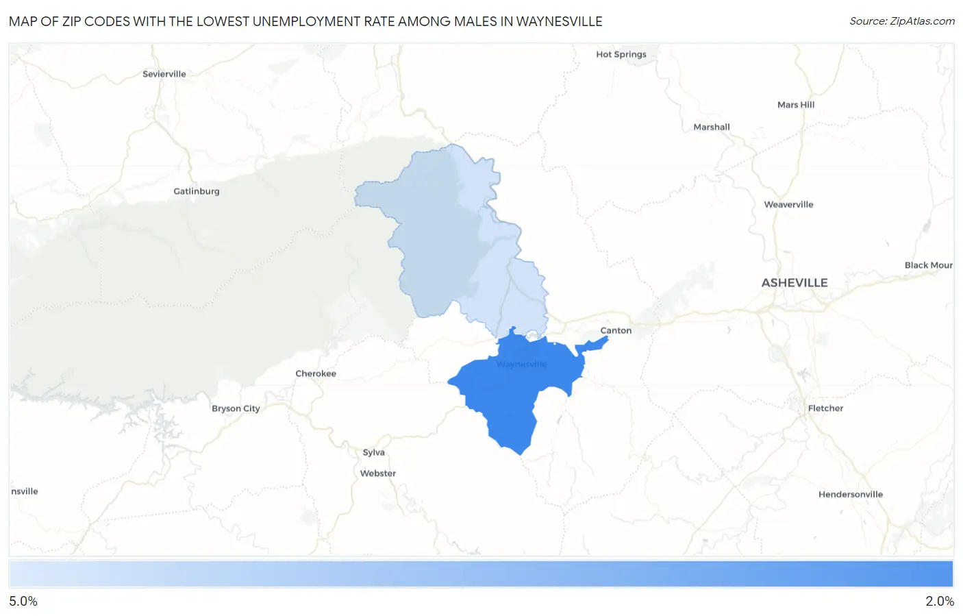 Zip Codes with the Lowest Unemployment Rate Among Males in Waynesville Map