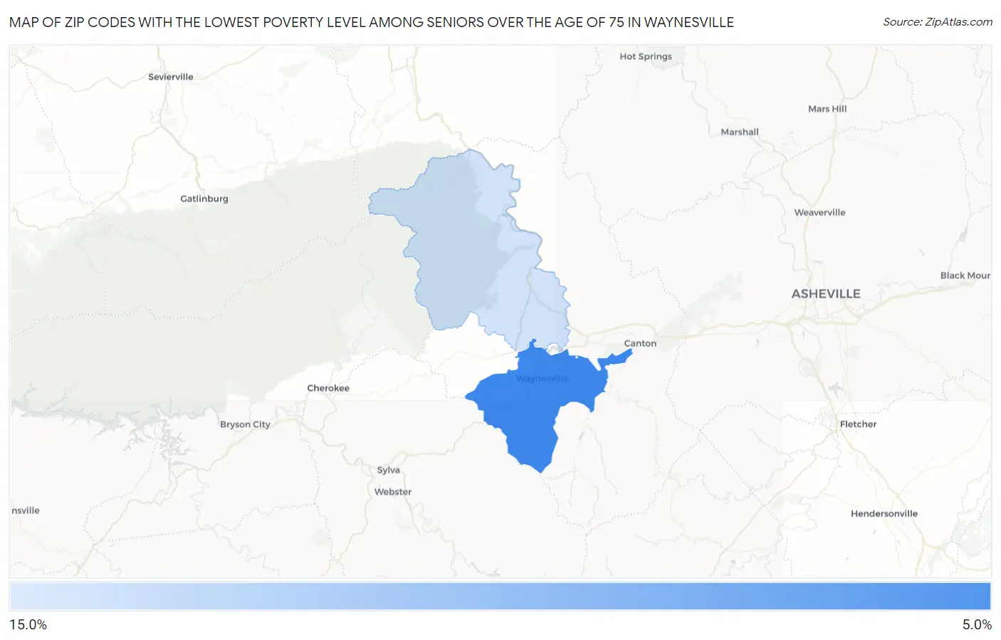 Zip Codes with the Lowest Poverty Level Among Seniors Over the Age of 75 in Waynesville Map