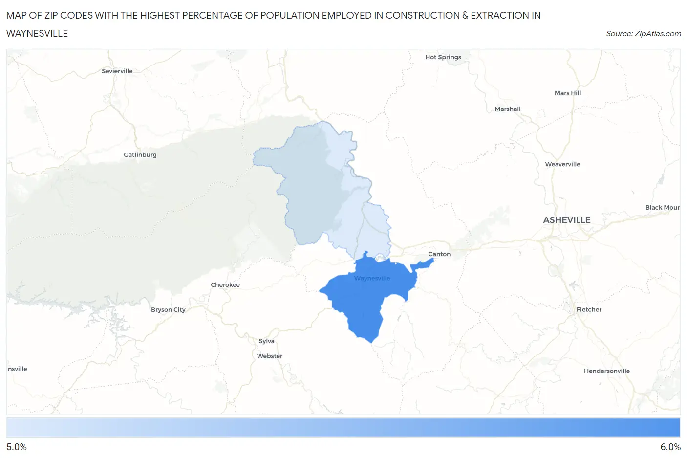 Zip Codes with the Highest Percentage of Population Employed in Construction & Extraction in Waynesville Map