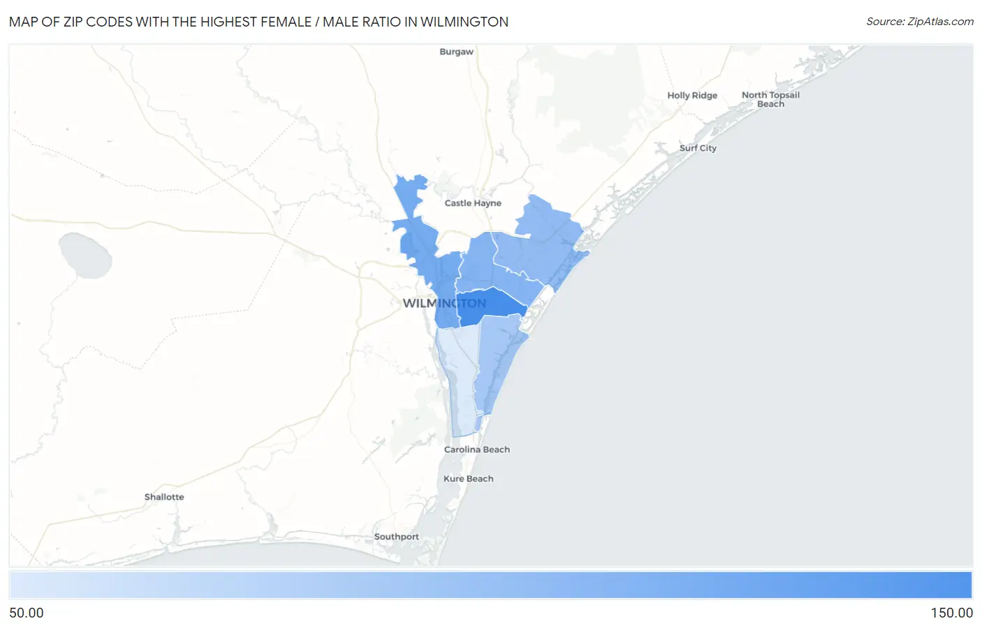 Zip Codes with the Highest Female / Male Ratio in Wilmington Map