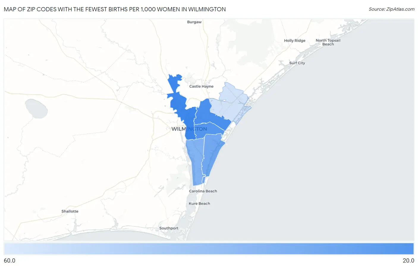 Zip Codes with the Fewest Births per 1,000 Women in Wilmington Map