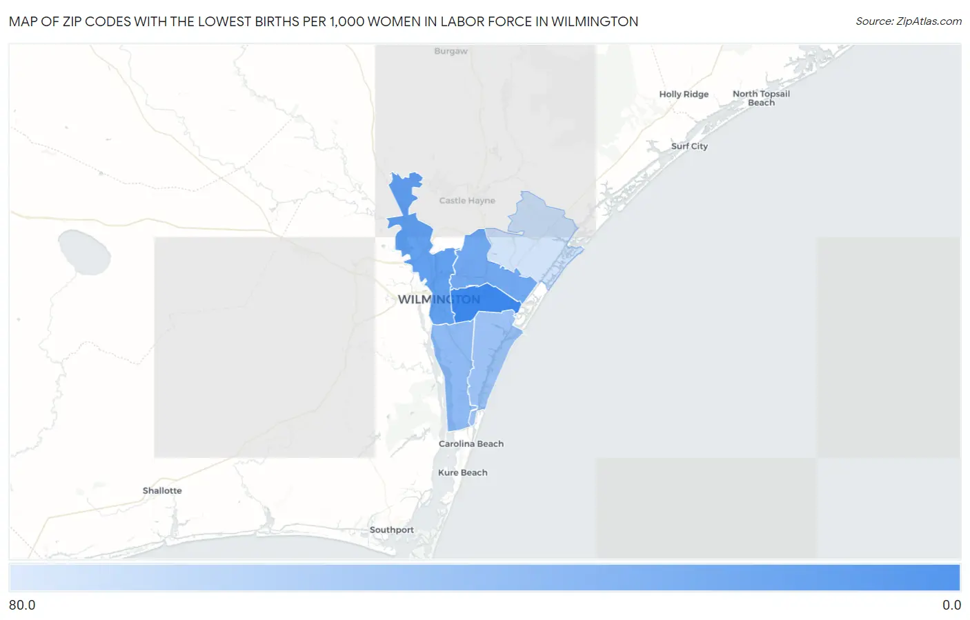 Zip Codes with the Lowest Births per 1,000 Women in Labor Force in Wilmington Map