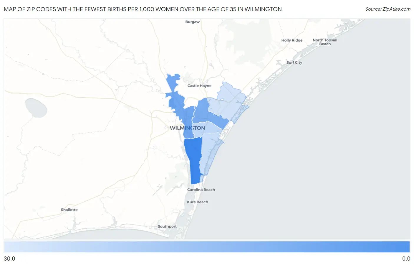 Zip Codes with the Fewest Births per 1,000 Women Over the Age of 35 in Wilmington Map
