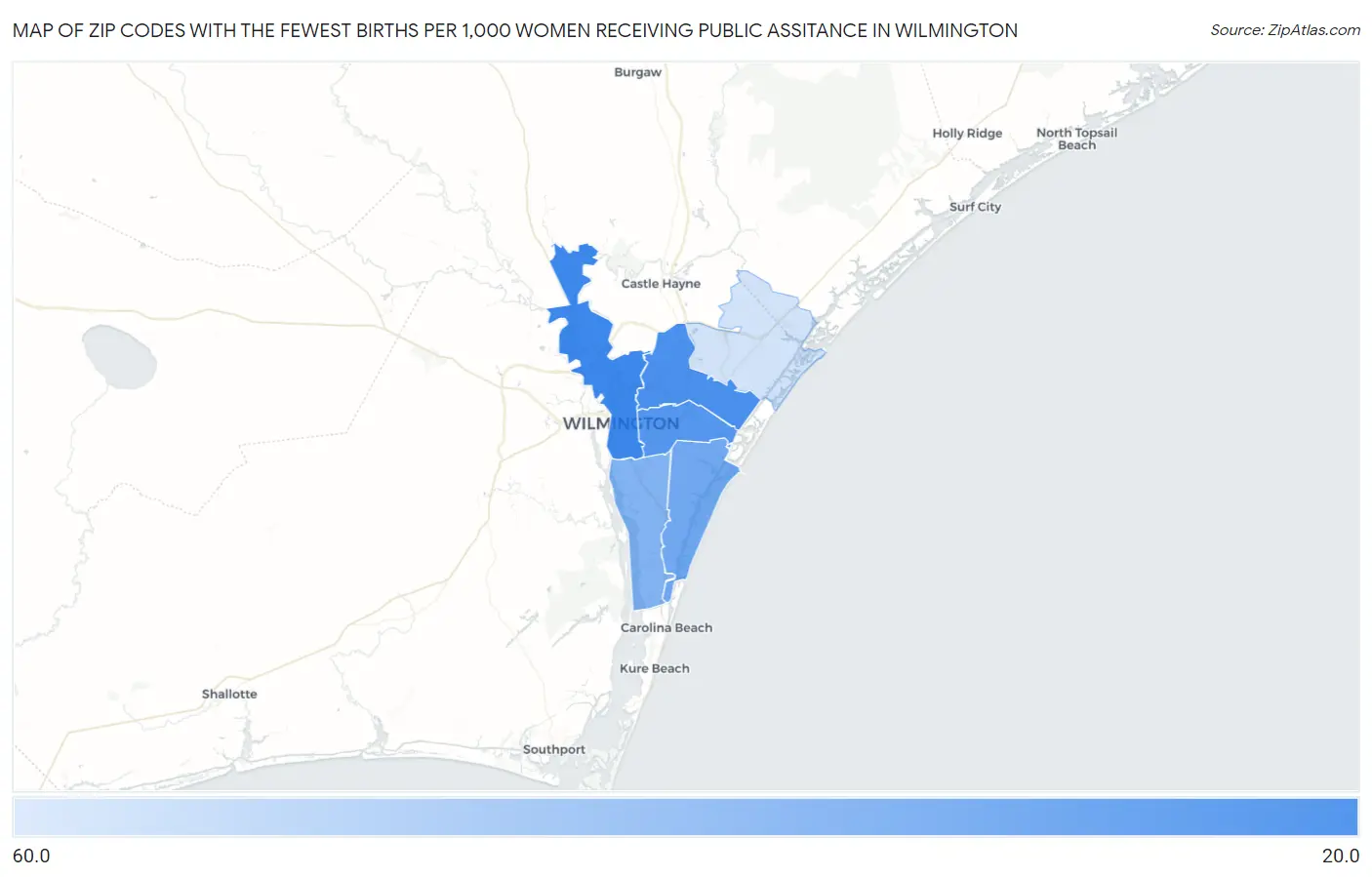 Zip Codes with the Fewest Births per 1,000 Women Receiving Public Assitance in Wilmington Map