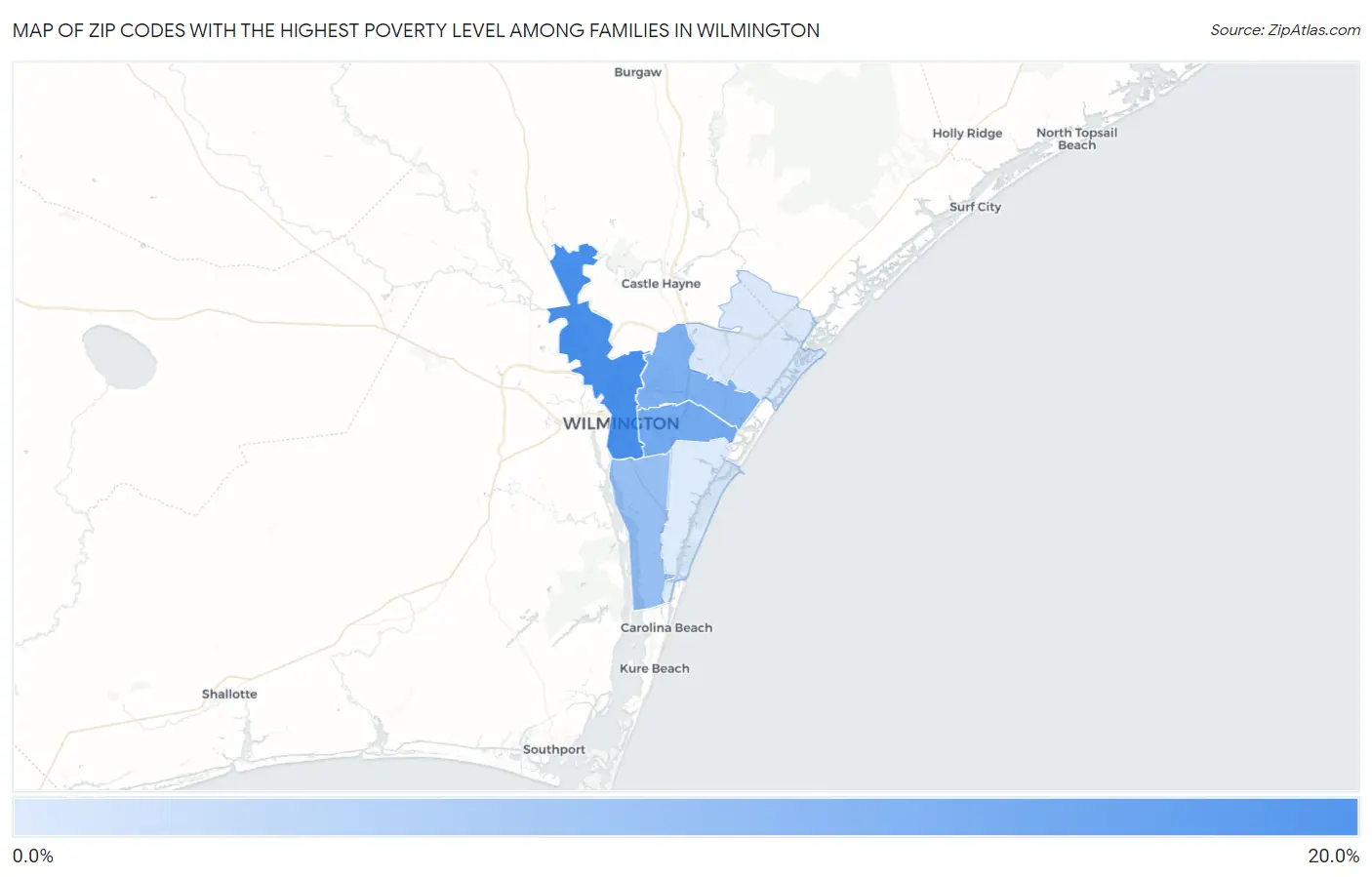 Zip Codes with the Highest Poverty Level Among Families in Wilmington Map