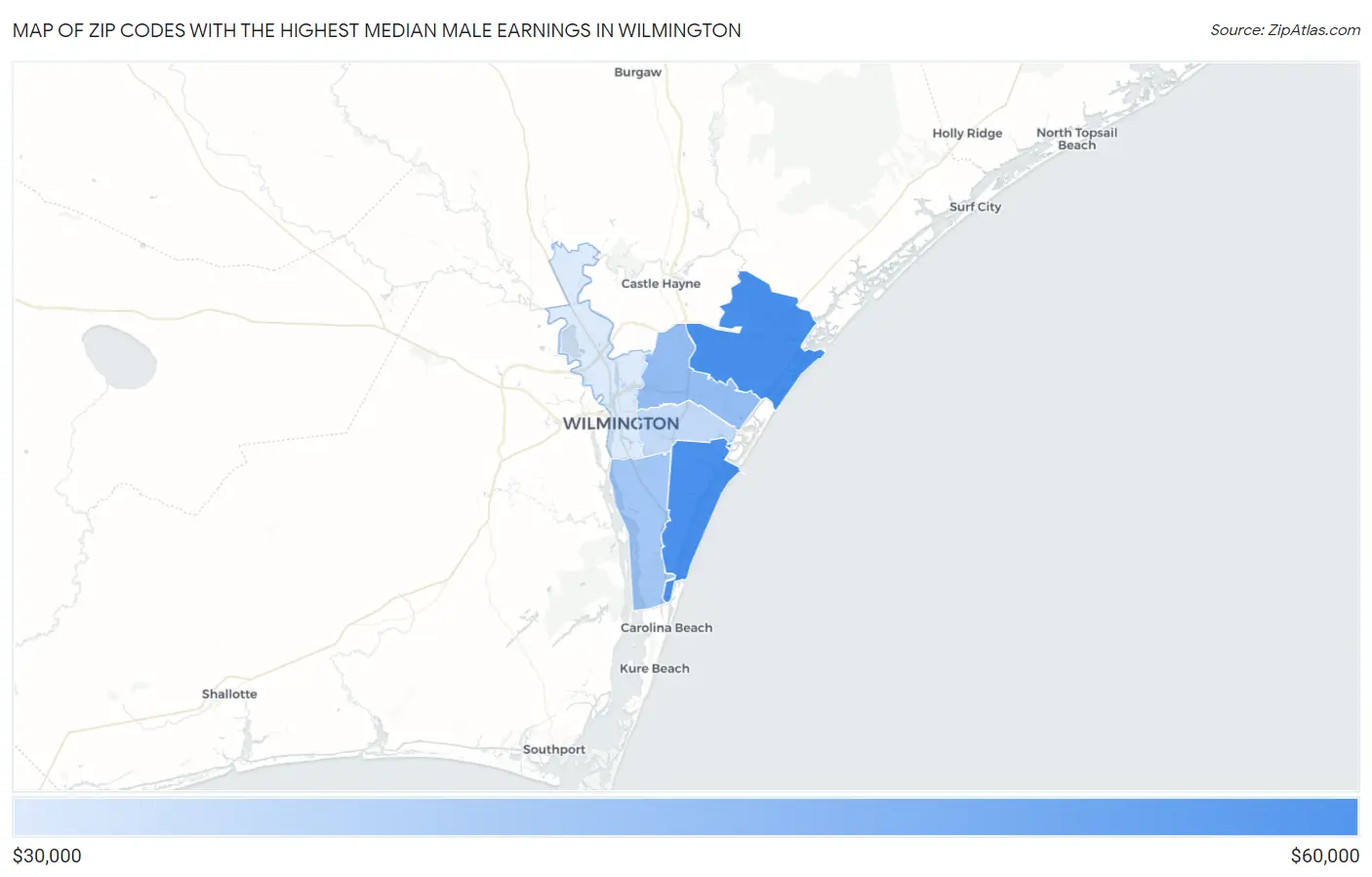 Zip Codes with the Highest Median Male Earnings in Wilmington Map
