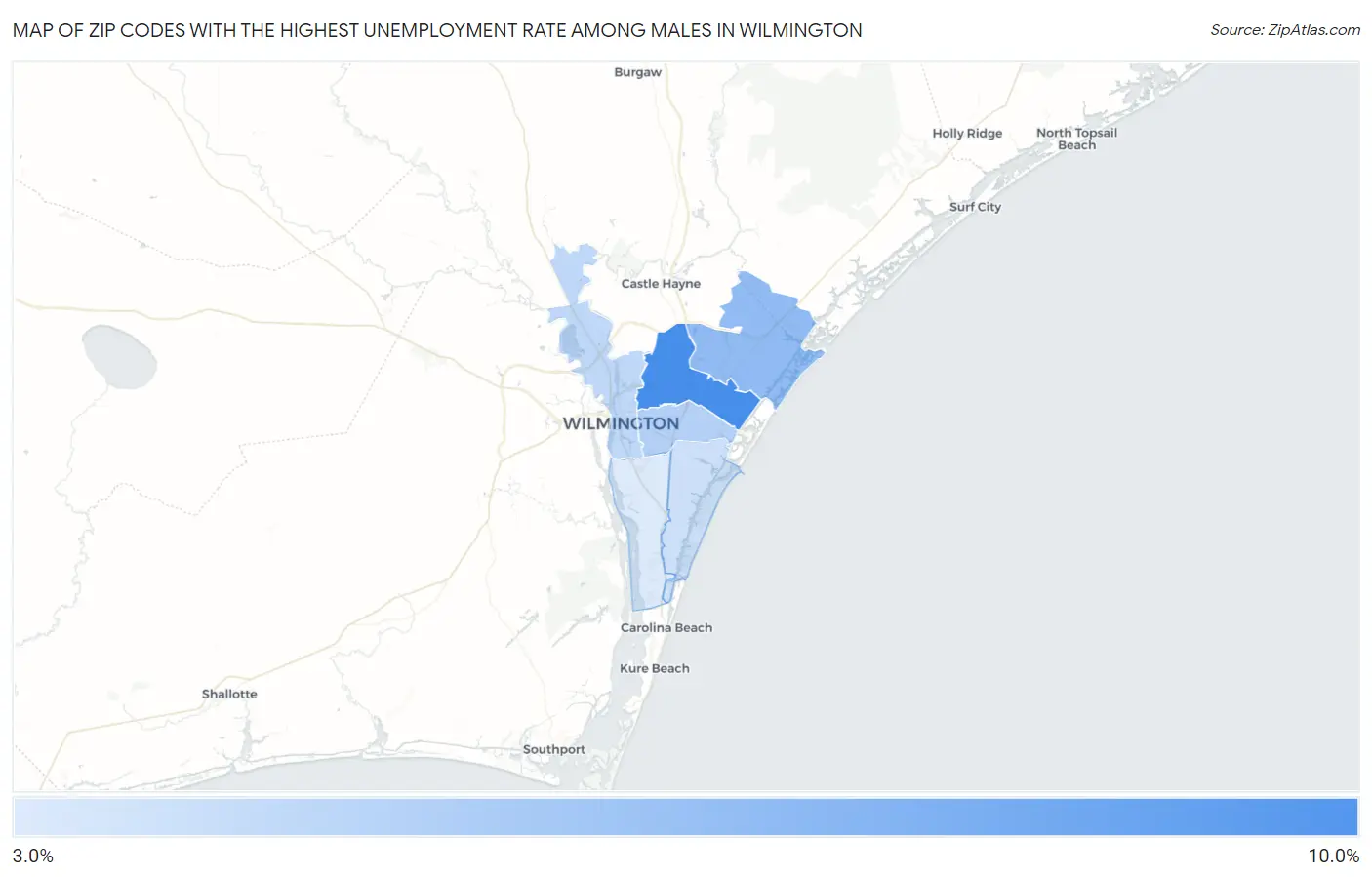 Zip Codes with the Highest Unemployment Rate Among Males in Wilmington Map