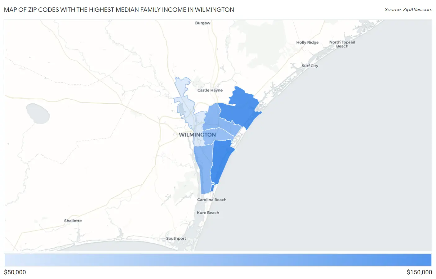 Zip Codes with the Highest Median Family Income in Wilmington Map