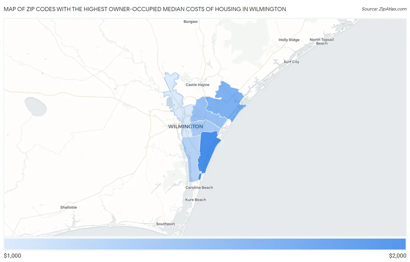 Zip Codes with the Highest Owner-Occupied Median Costs of Housing in Wilmington Map