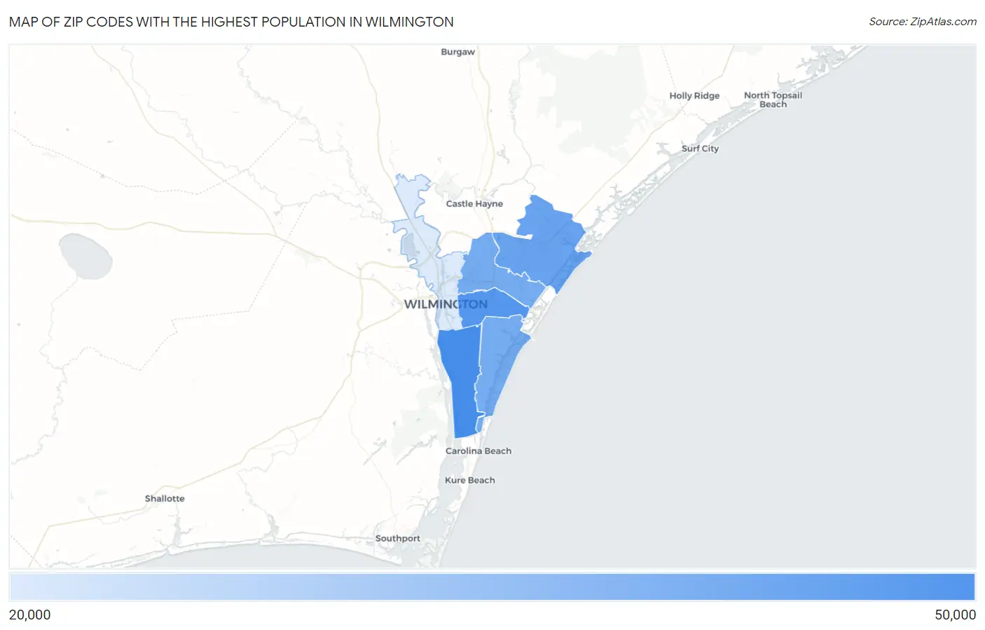 Zip Codes with the Highest Population in Wilmington Map