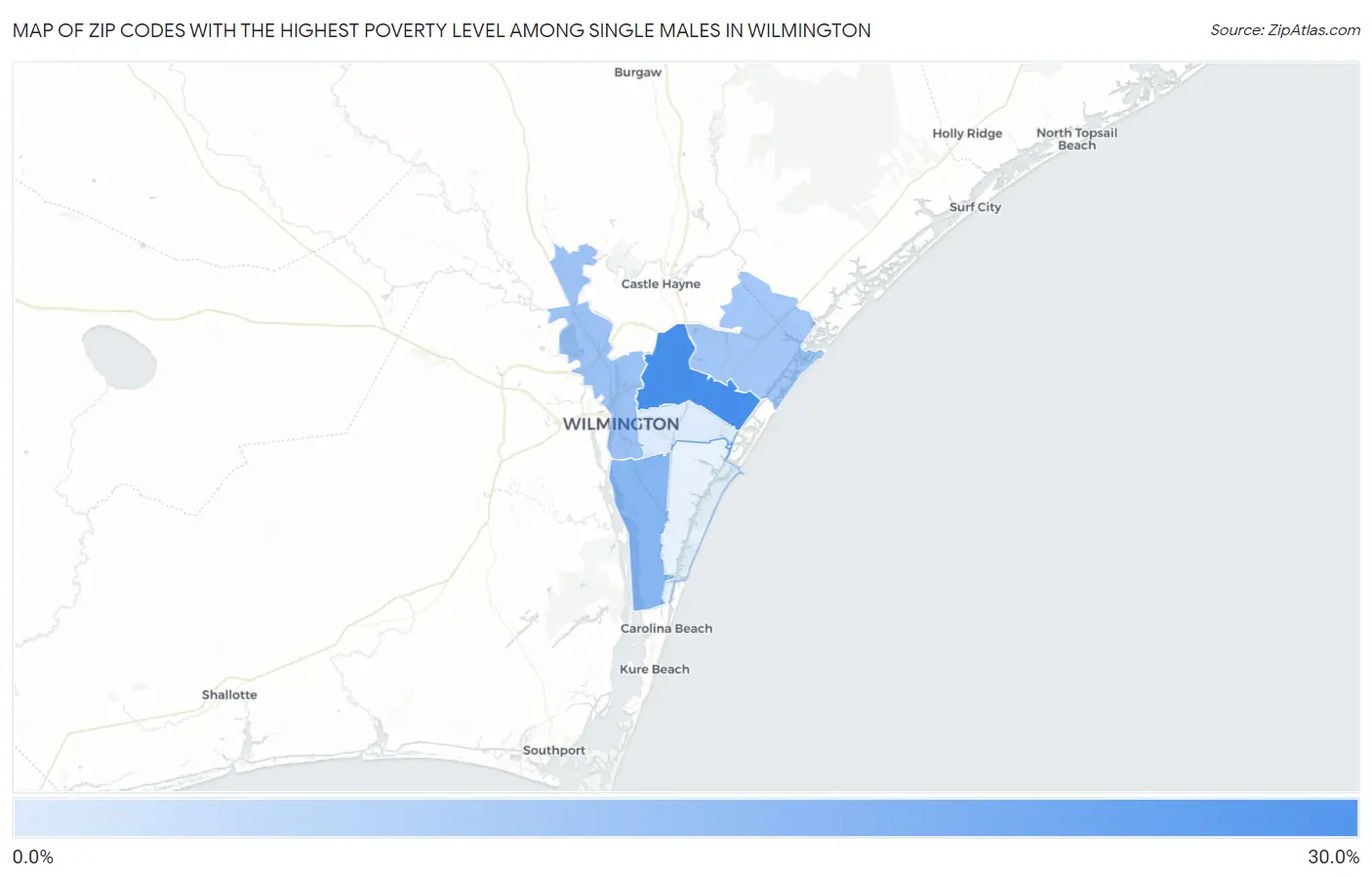 Zip Codes with the Highest Poverty Level Among Single Males in Wilmington Map