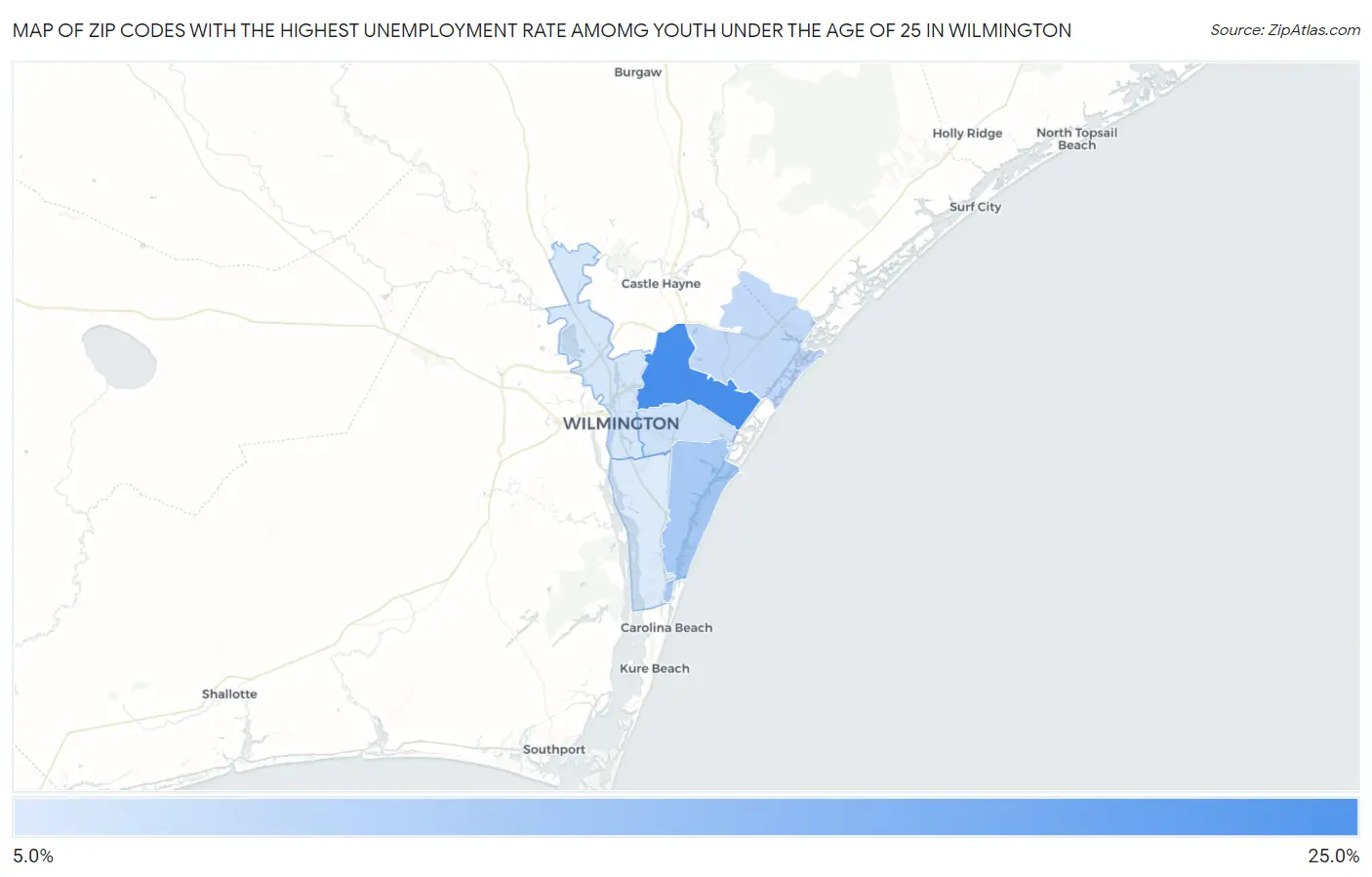 Zip Codes with the Highest Unemployment Rate Amomg Youth Under the Age of 25 in Wilmington Map