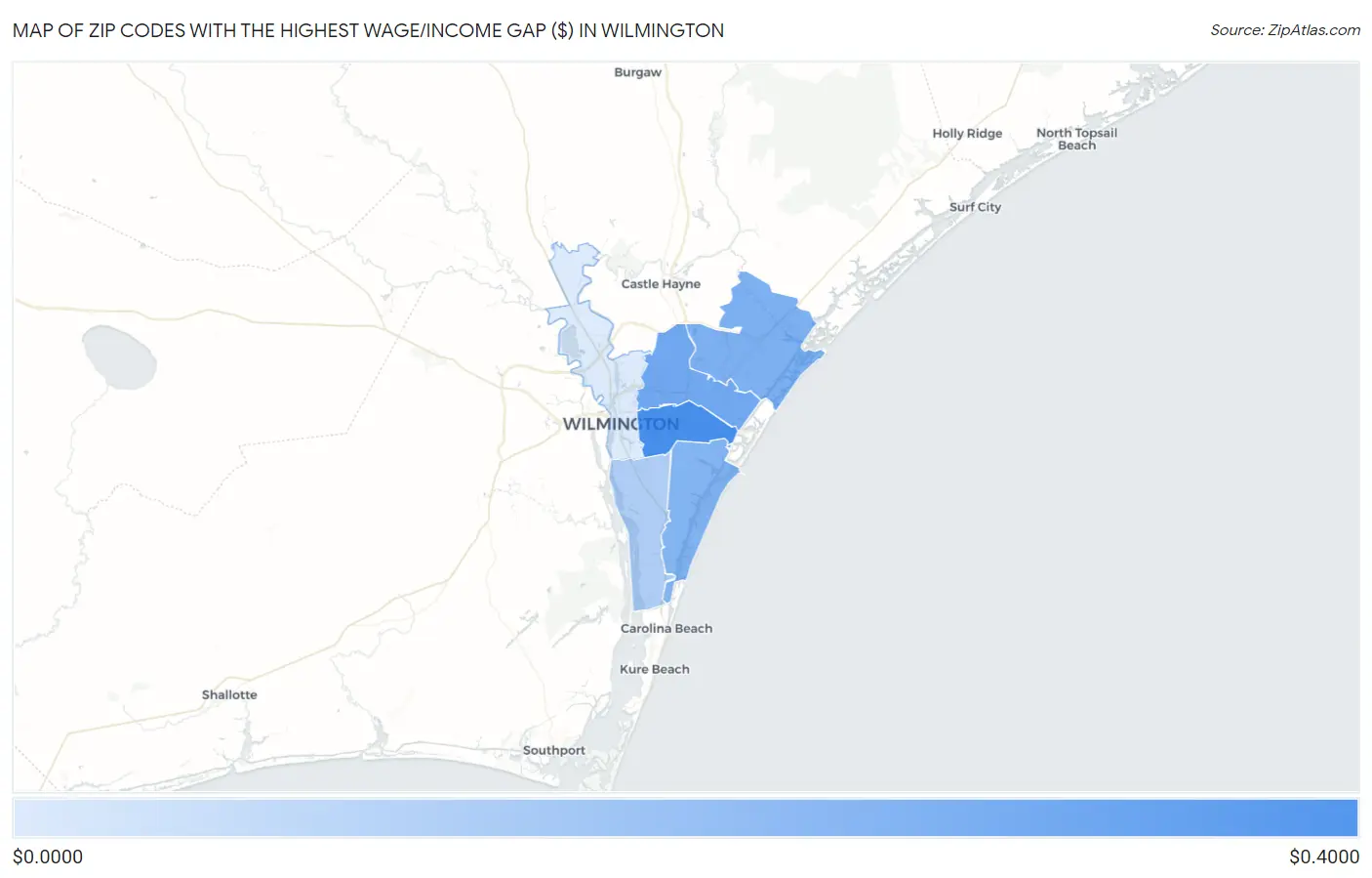 Zip Codes with the Highest Wage/Income Gap ($) in Wilmington Map