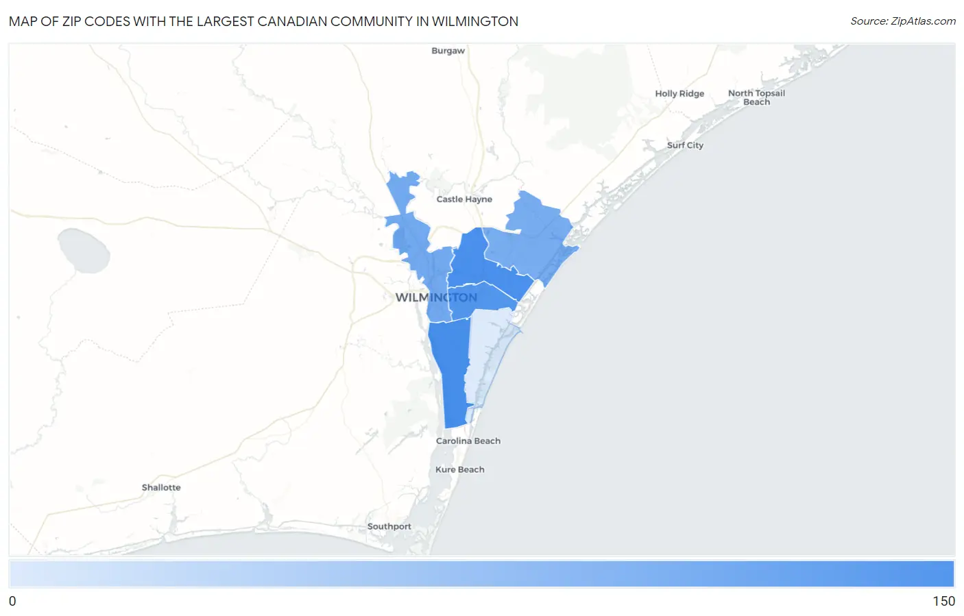 Zip Codes with the Largest Canadian Community in Wilmington Map