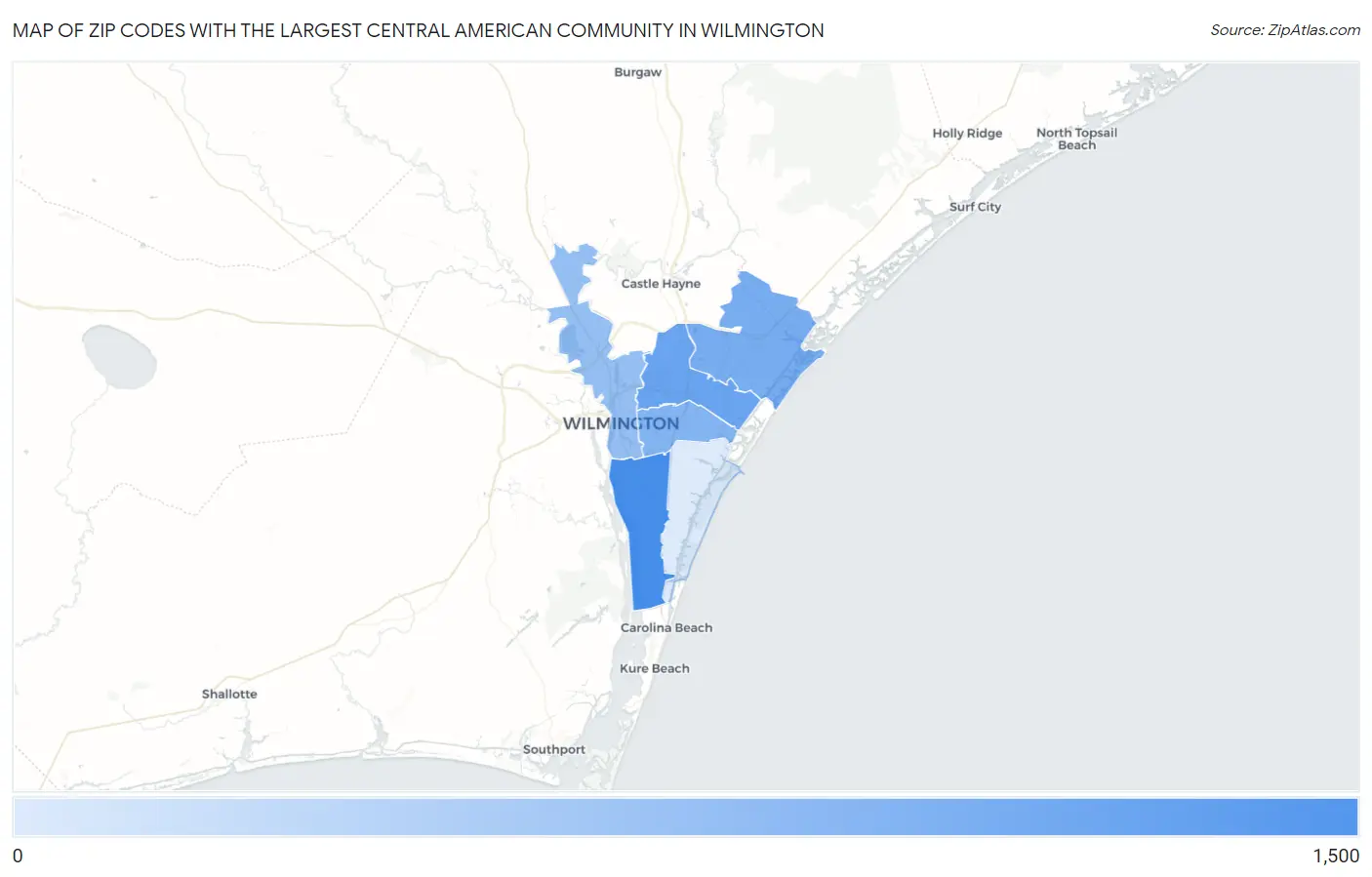 Zip Codes with the Largest Central American Community in Wilmington Map