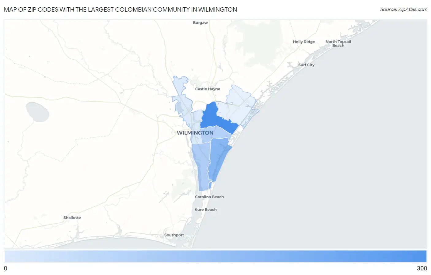 Zip Codes with the Largest Colombian Community in Wilmington Map