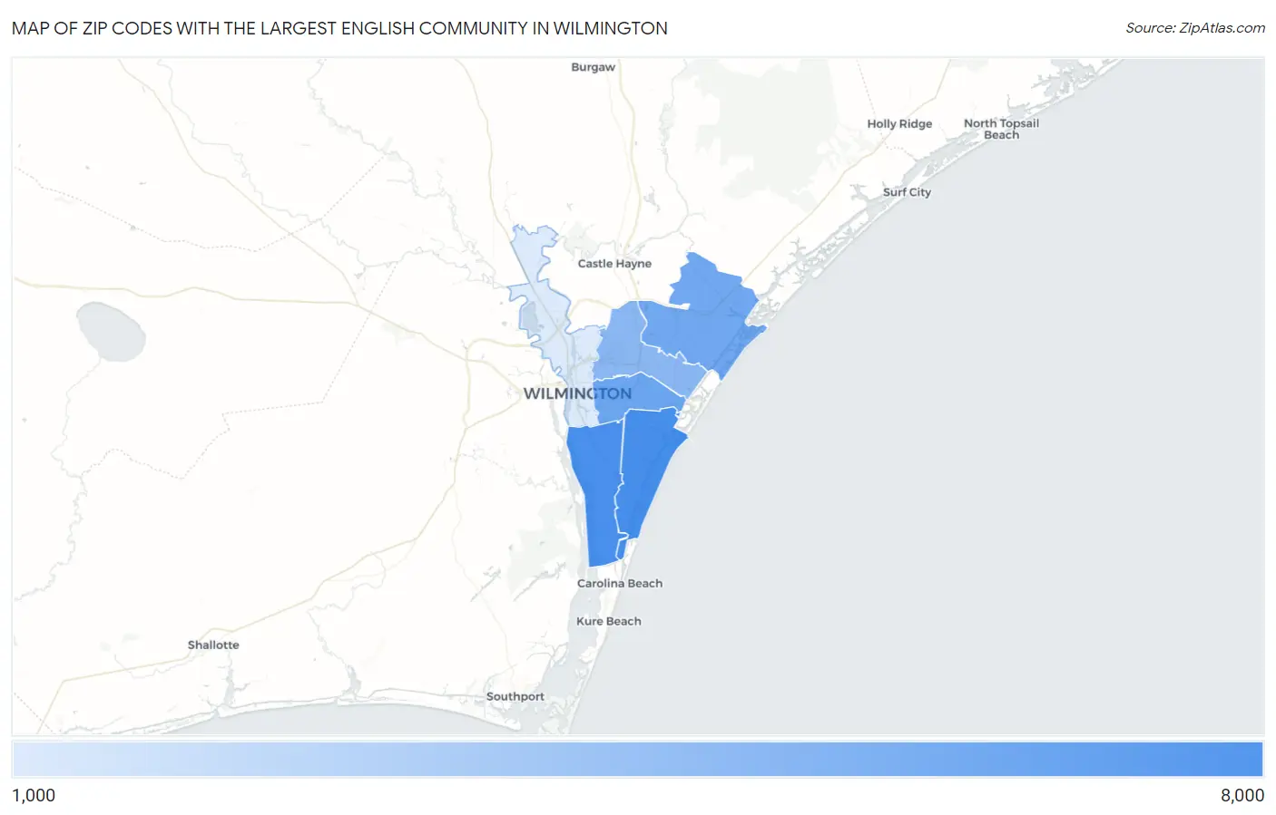 Zip Codes with the Largest English Community in Wilmington Map