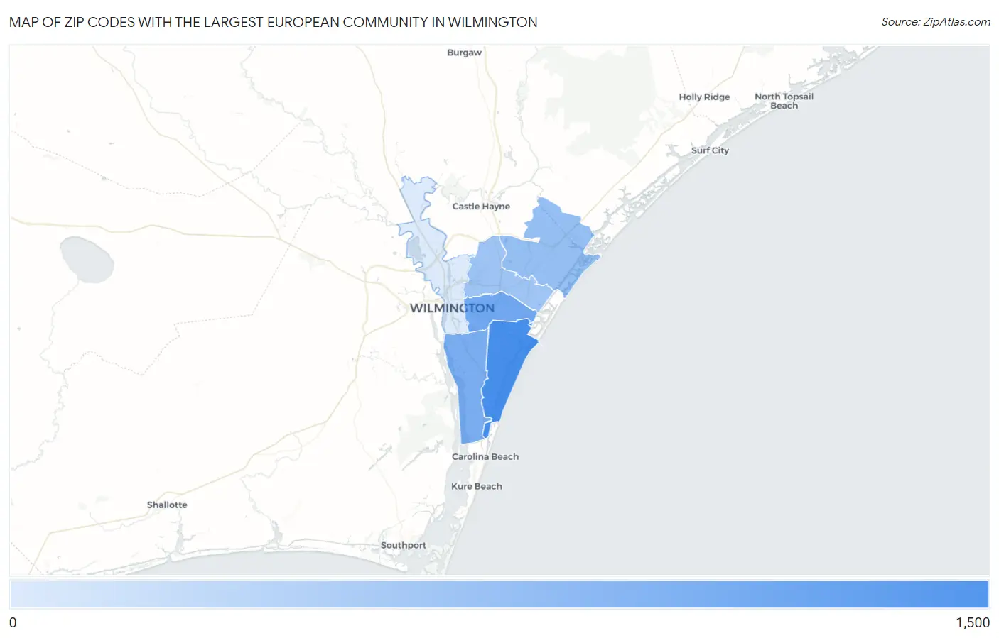 Zip Codes with the Largest European Community in Wilmington Map