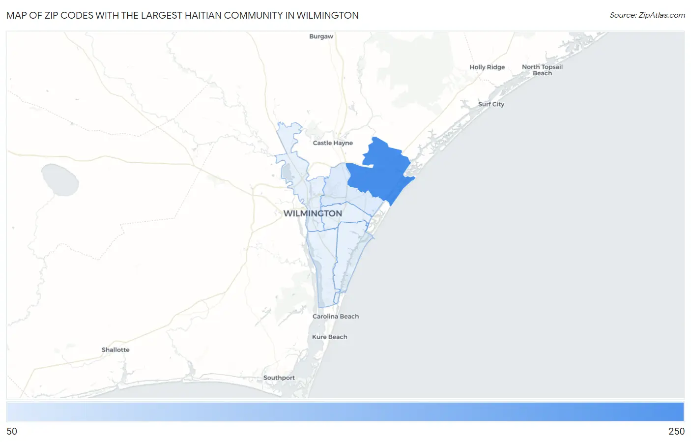 Zip Codes with the Largest Haitian Community in Wilmington Map