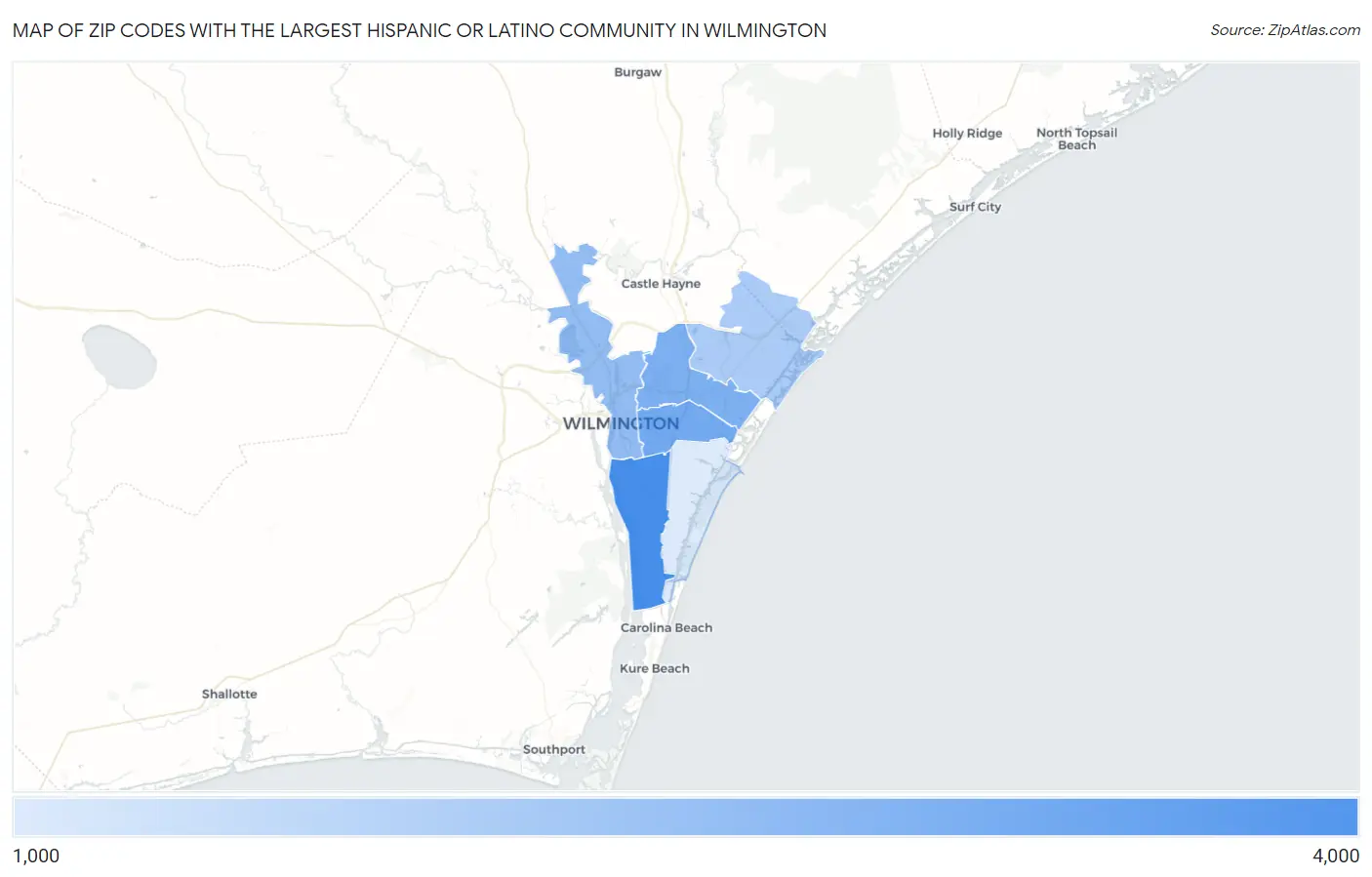 Zip Codes with the Largest Hispanic or Latino Community in Wilmington Map