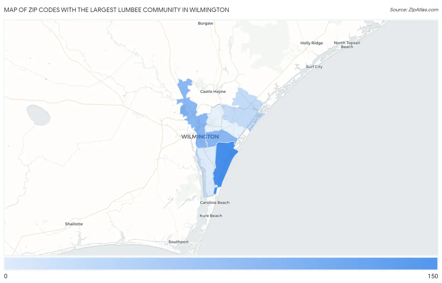 Zip Codes with the Largest Lumbee Community in Wilmington Map