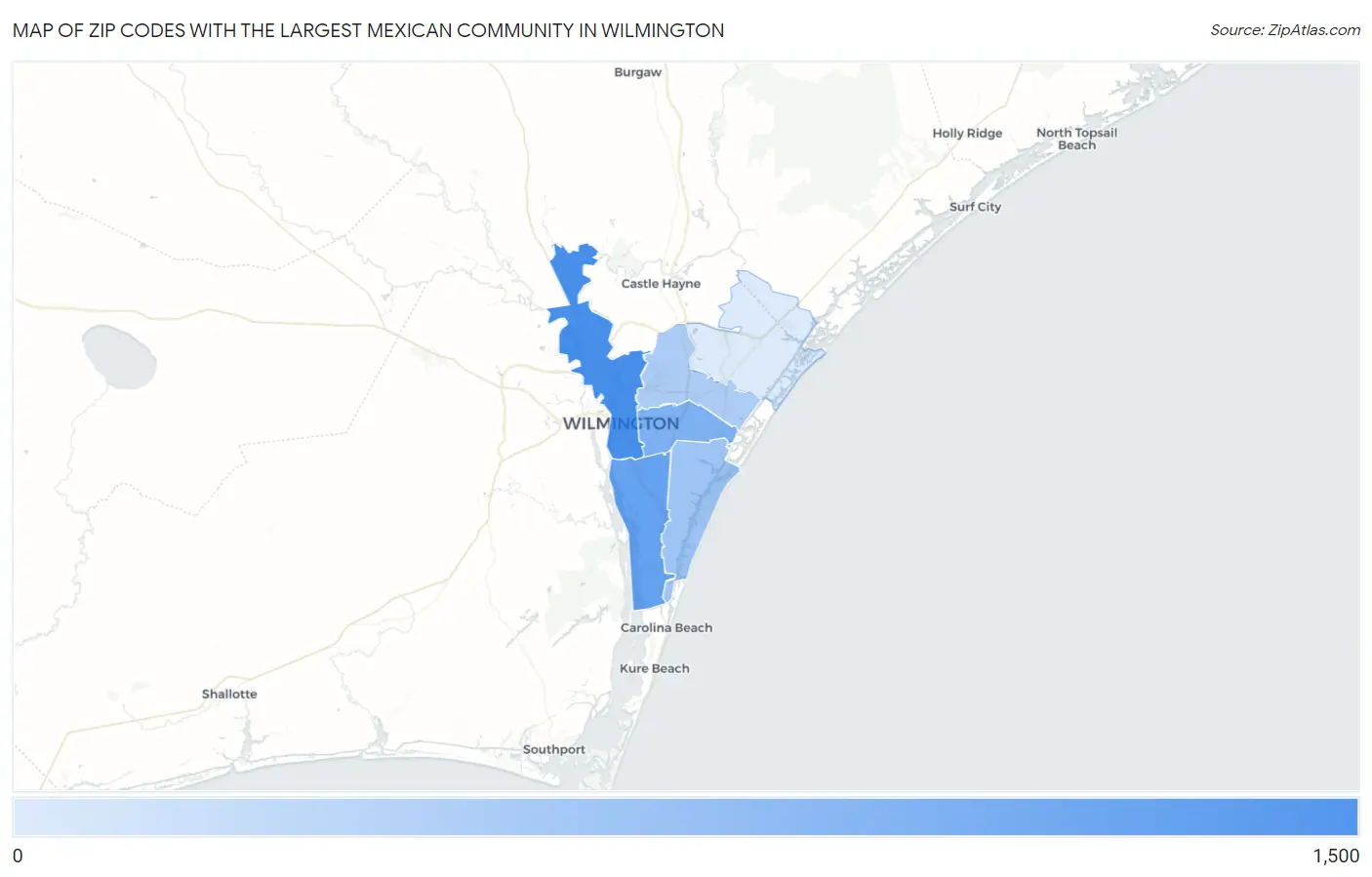 Zip Codes with the Largest Mexican Community in Wilmington Map