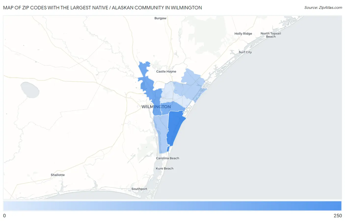 Zip Codes with the Largest Native / Alaskan Community in Wilmington Map