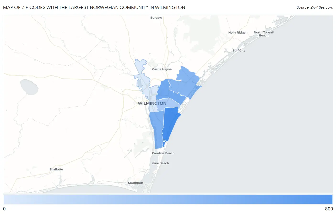 Zip Codes with the Largest Norwegian Community in Wilmington Map