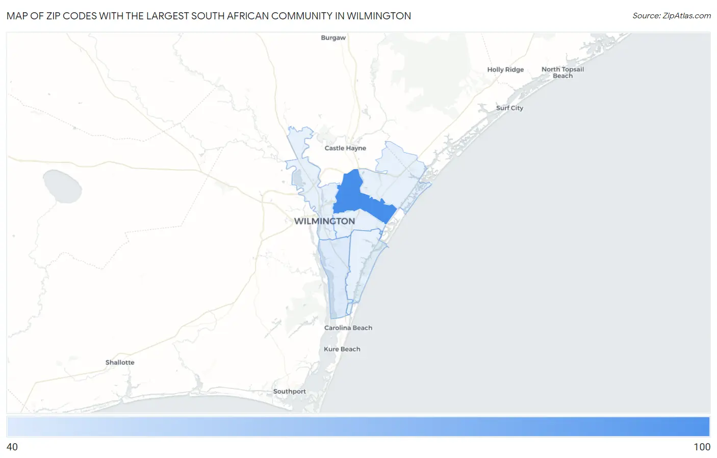 Zip Codes with the Largest South African Community in Wilmington Map