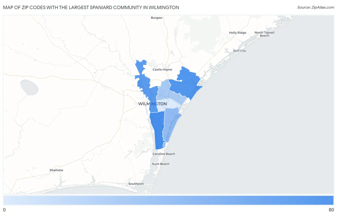 Zip Codes with the Largest Spaniard Community in Wilmington Map