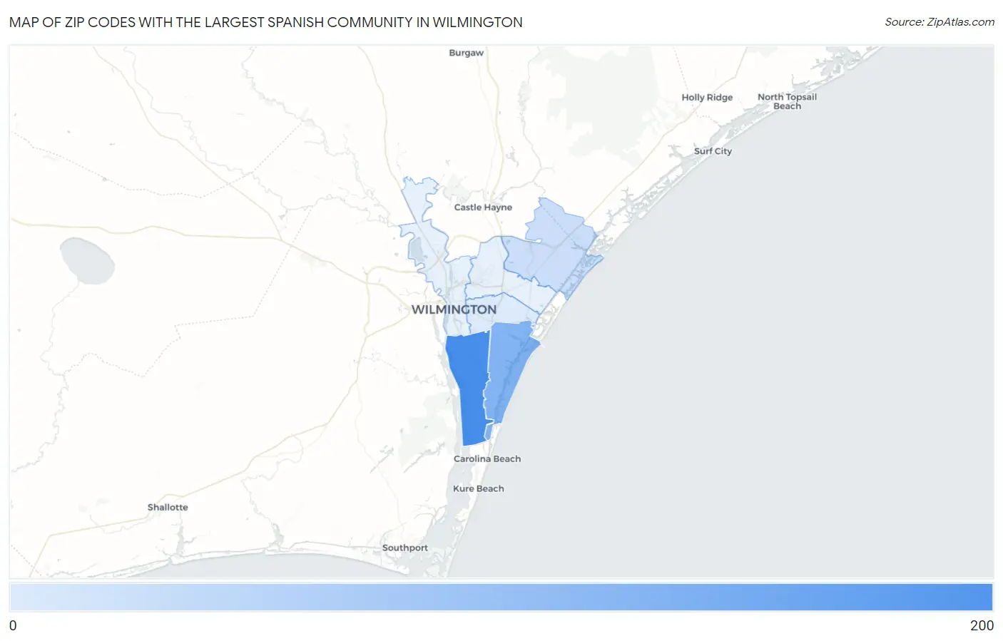 Zip Codes with the Largest Spanish Community in Wilmington Map