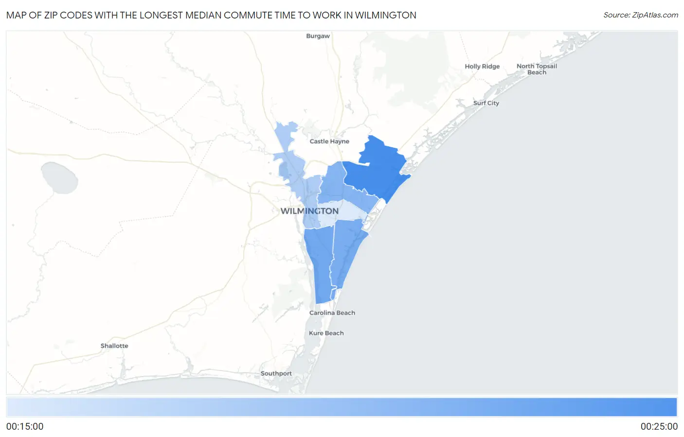 Zip Codes with the Longest Median Commute Time to Work in Wilmington Map