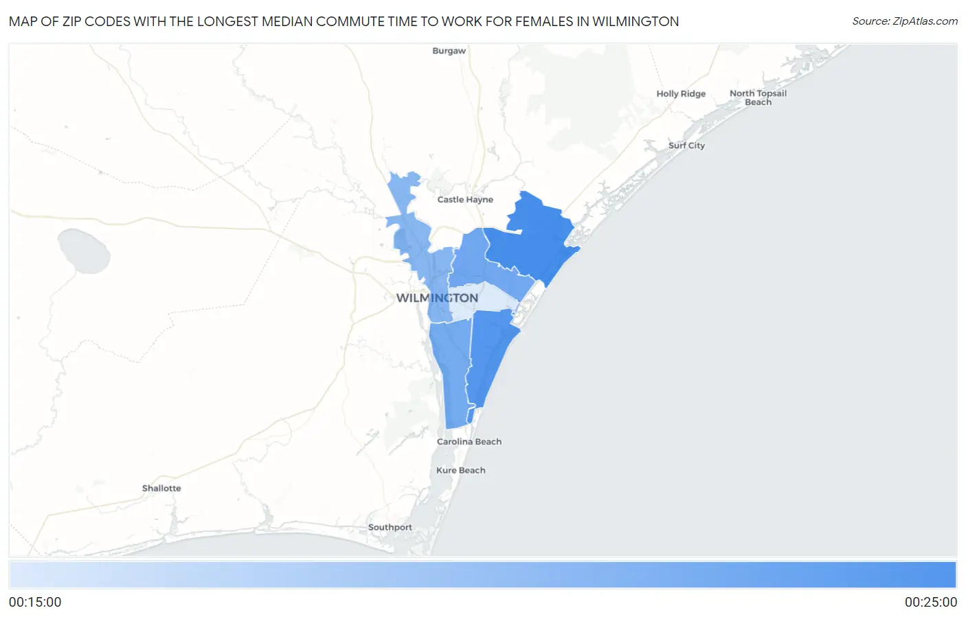Zip Codes with the Longest Median Commute Time to Work for Females in Wilmington Map