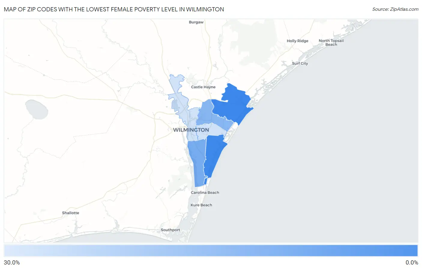 Zip Codes with the Lowest Female Poverty Level in Wilmington Map