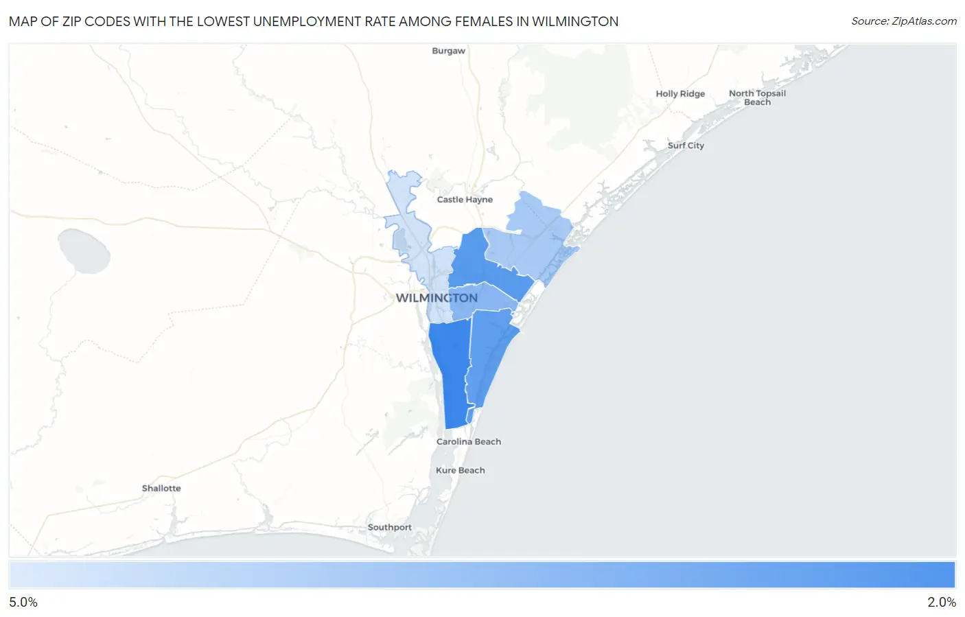 Zip Codes with the Lowest Unemployment Rate Among Females in Wilmington Map