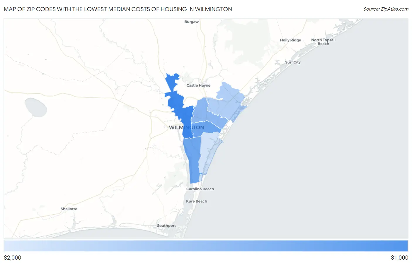 Zip Codes with the Lowest Median Costs of Housing in Wilmington Map