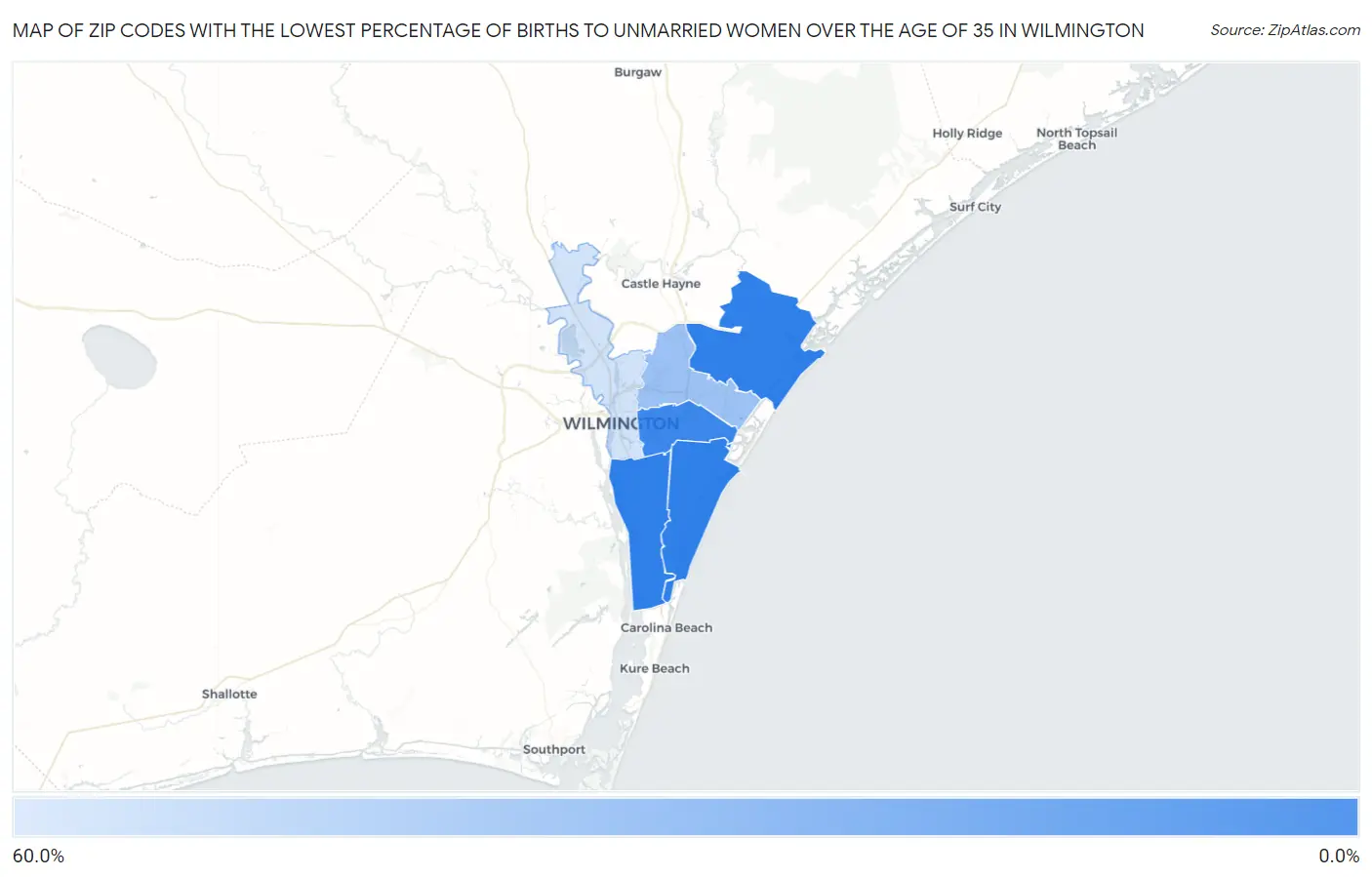 Zip Codes with the Lowest Percentage of Births to Unmarried Women over the Age of 35 in Wilmington Map