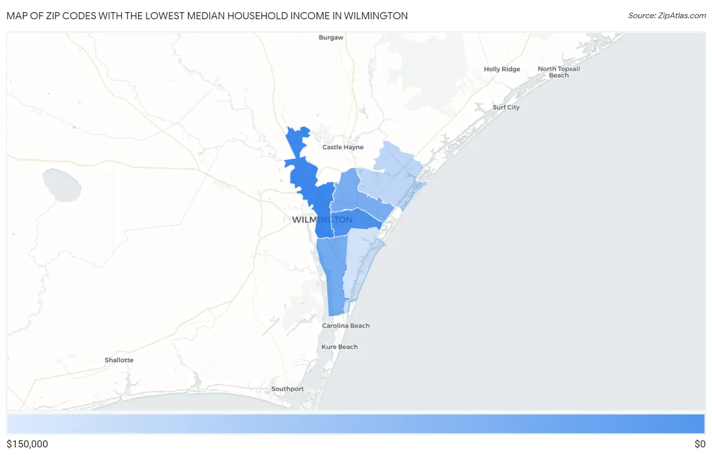 Zip Codes with the Lowest Median Household Income in Wilmington Map