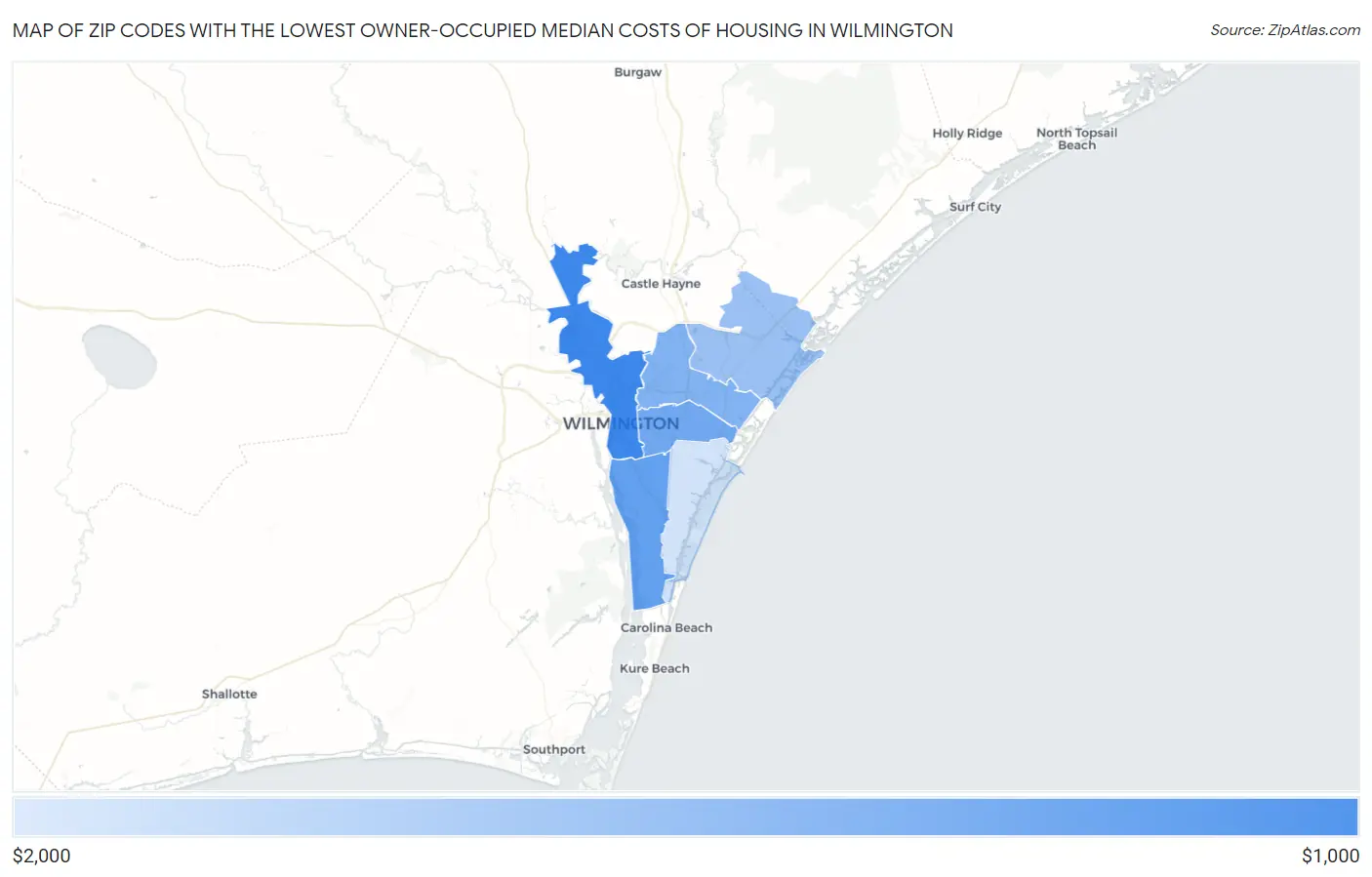 Zip Codes with the Lowest Owner-Occupied Median Costs of Housing in Wilmington Map