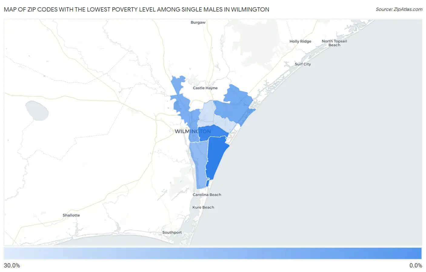 Zip Codes with the Lowest Poverty Level Among Single Males in Wilmington Map