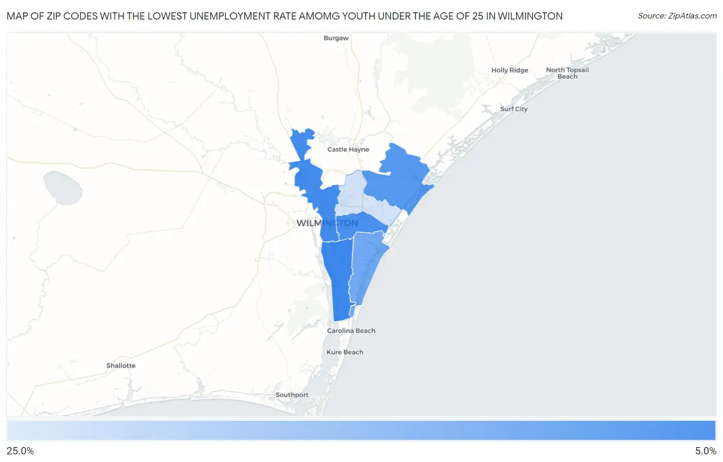Zip Codes with the Lowest Unemployment Rate Amomg Youth Under the Age of 25 in Wilmington Map