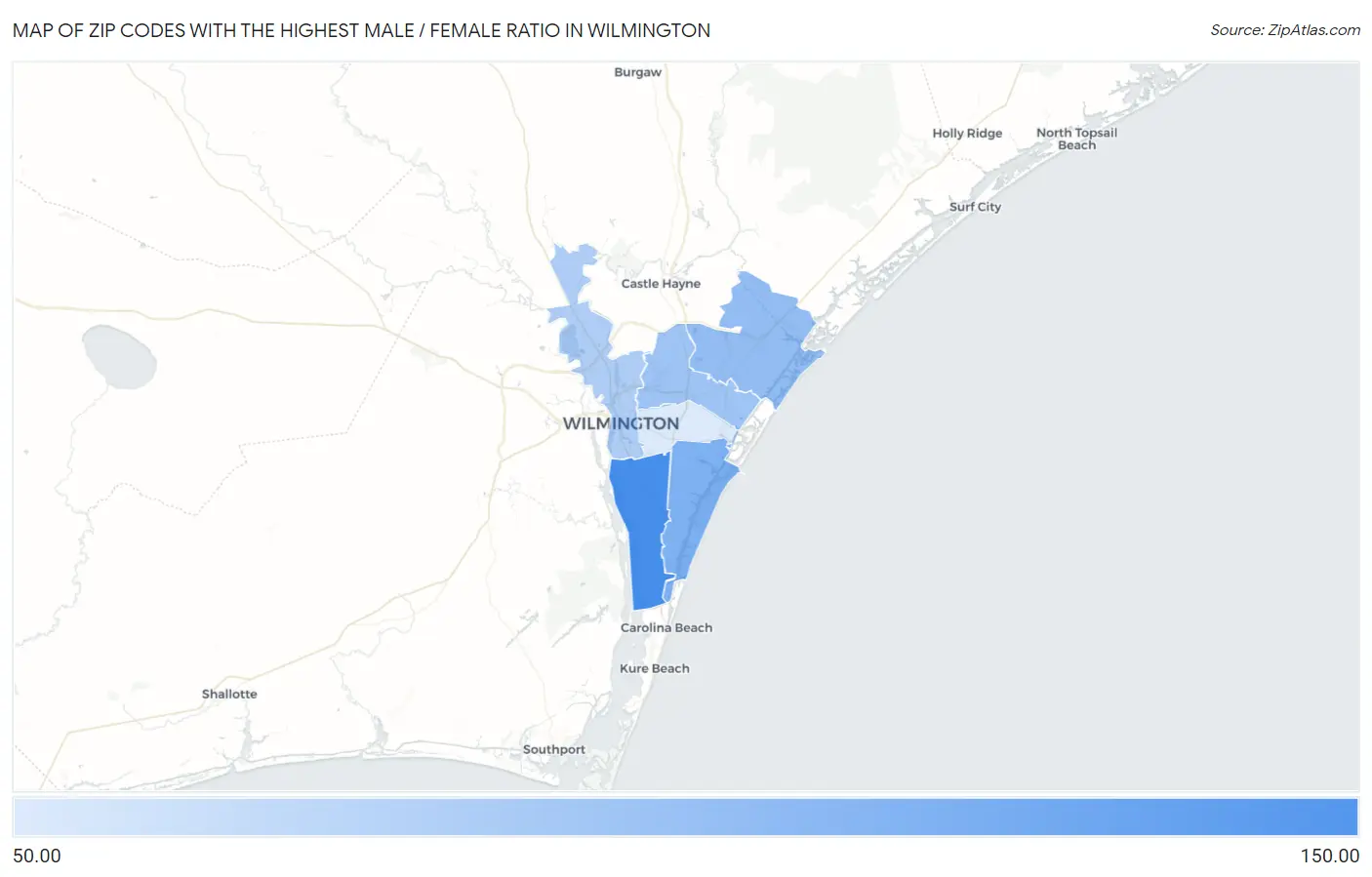 Zip Codes with the Highest Male / Female Ratio in Wilmington Map