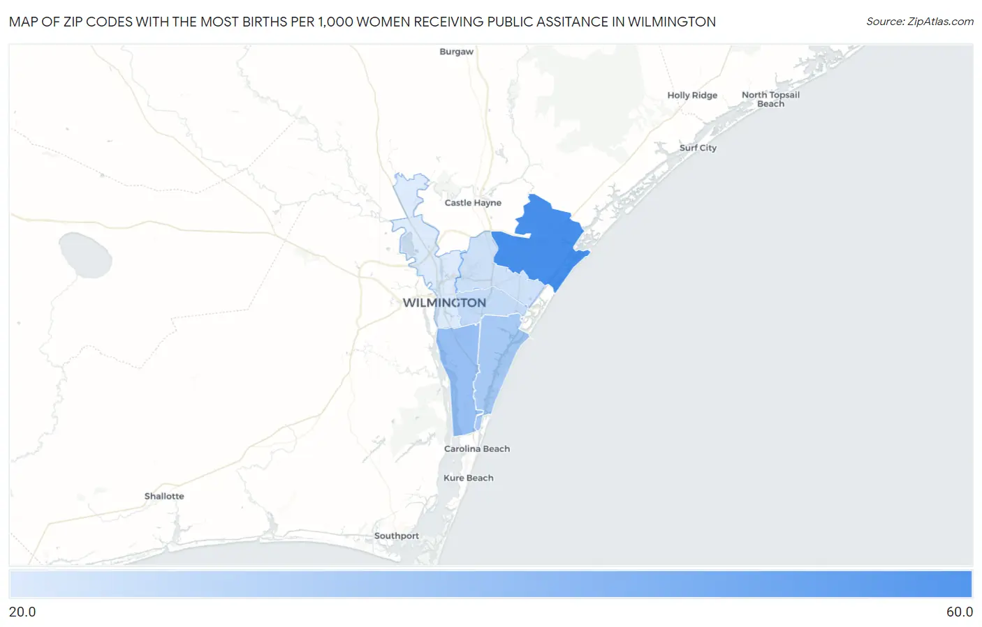 Zip Codes with the Most Births per 1,000 Women Receiving Public Assitance in Wilmington Map