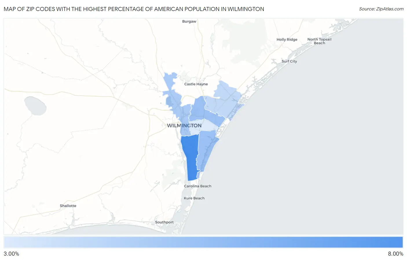 Zip Codes with the Highest Percentage of American Population in Wilmington Map