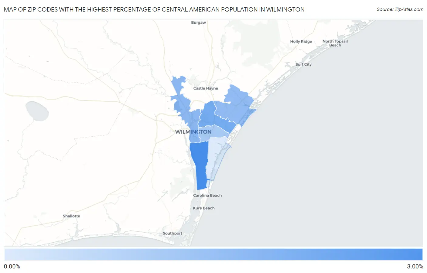 Zip Codes with the Highest Percentage of Central American Population in Wilmington Map